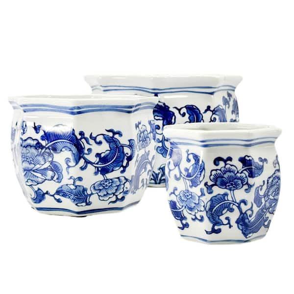 Blue and White Round Floral Ceramic Pots Fluted Lip (Set of 3)