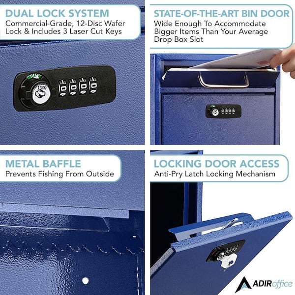 AdirOffice Blue Large Drop Box Wall Mounted Locking Mail Box with
