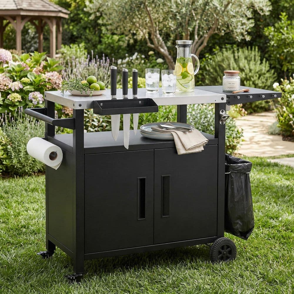 Metal Outdoor Grill Cart Kitchen Island with Foldable Table