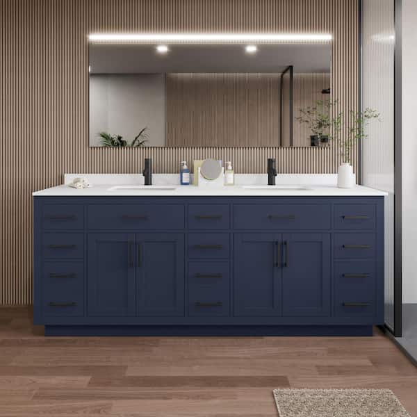 Wyndham Collection Beckett TK 84 in. W x 22 in. D x 35 in. H Double Bath Vanity in Dark Blue with White Cultured Marble Top