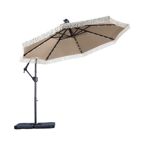 10 ft. Cantilever Tassel Design Patio Umbrella in Beige with 360° Rotation and Solar LED light for Gardens Beaches