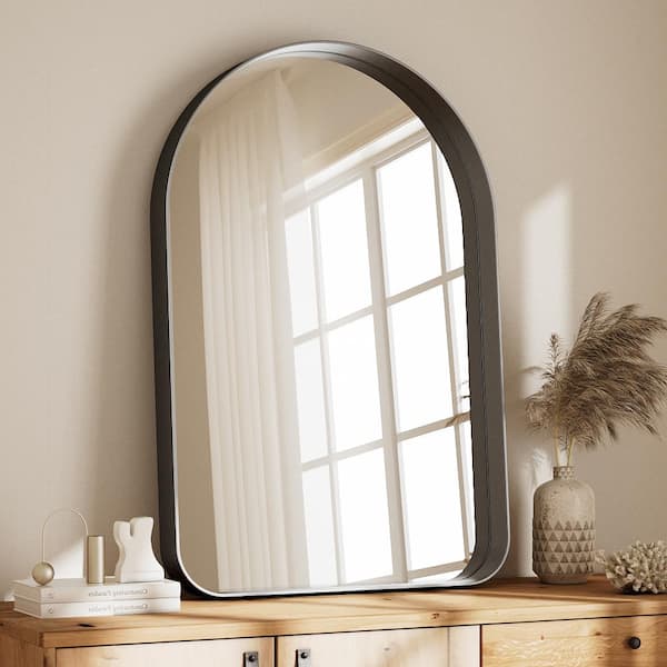 XRAMFY 26 in. W x 38 in. H Arched Black Aluminum Alloy Deep Framed Wall Mirror