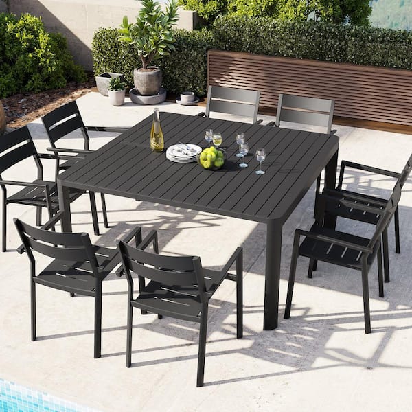 Crestlive Products Dark Gray Expandable Aluminum Outdoor Dining Table with Chairs (Set of 9)