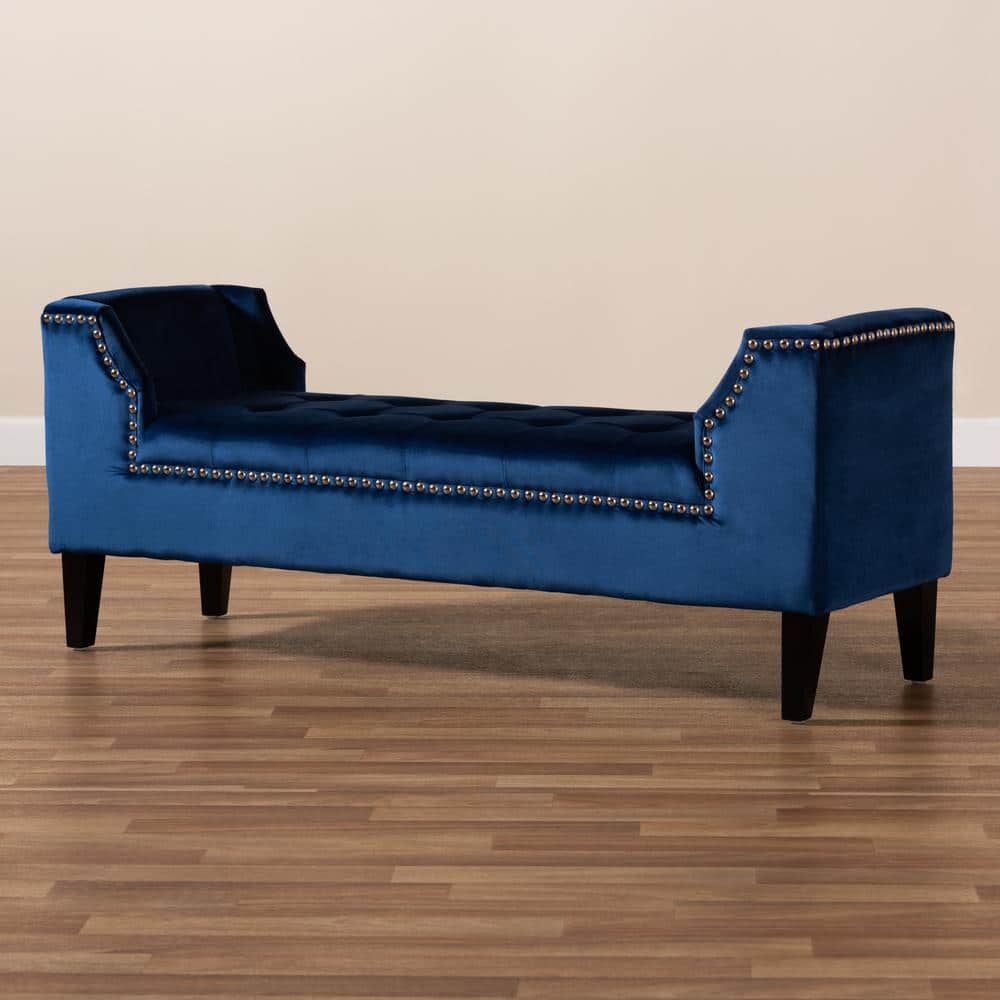 Royal Blue Velvet Upholstered Espresso Wood Bench with Nailhead Trim