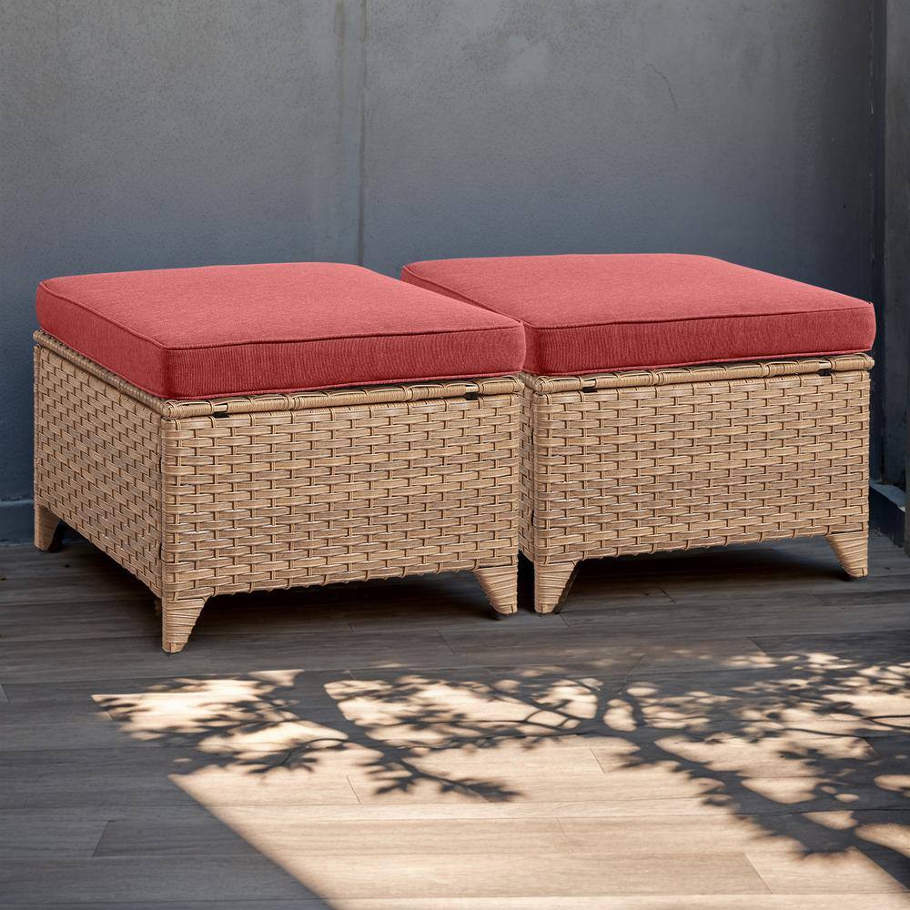 Yellow Wicker Outdoor Ottoman with Red Cushions (2-Pack)