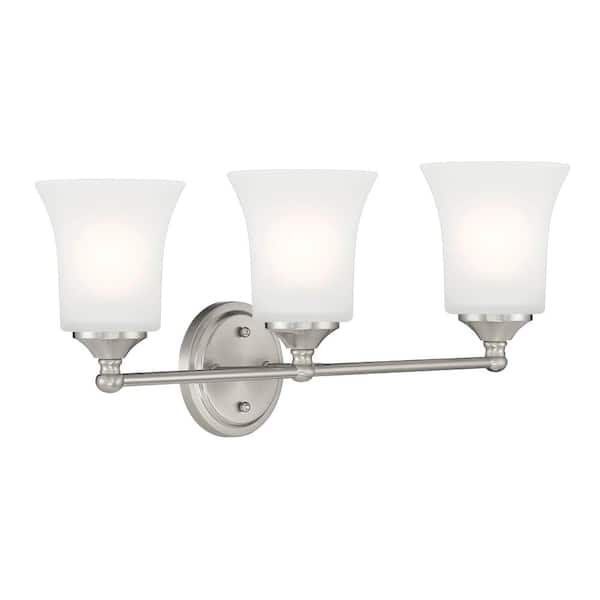 Bronson 23 in. 3-Light Brushed Nickel Transitional Vanity Light with Etched Glass Shades
