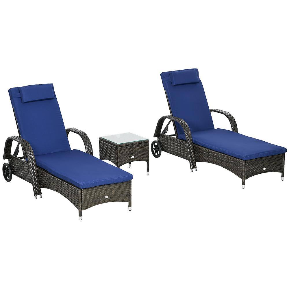 3-Pieces Wicker Outdoor Chaise Lounge with Table Blue Cushions