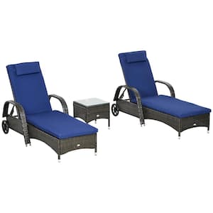 3-Pieces Wicker Outdoor Chaise Lounge with Table Blue Cushions