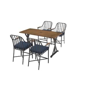 Bedford Farmhouse 5-Piece Steel Rectangle Balcony Height Outdoor Patio Dining Set with Blue Cushions