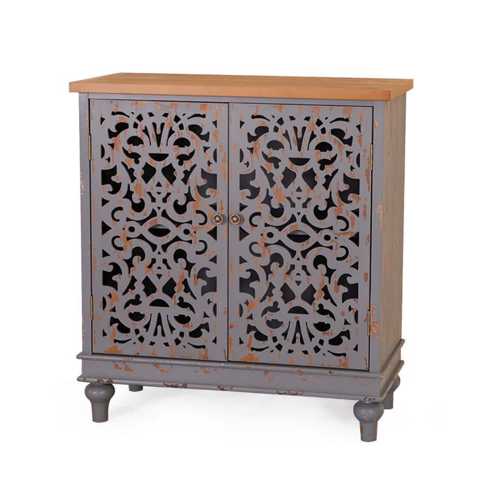 PHI VILLA Bluish Grey Hollow-Carved Cabinet with 2-Door THD-IF-501 ...