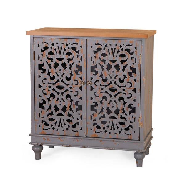 Phi Villa Bluish Grey Hollow-carved Cabinet With 2-door Thd-if-501 