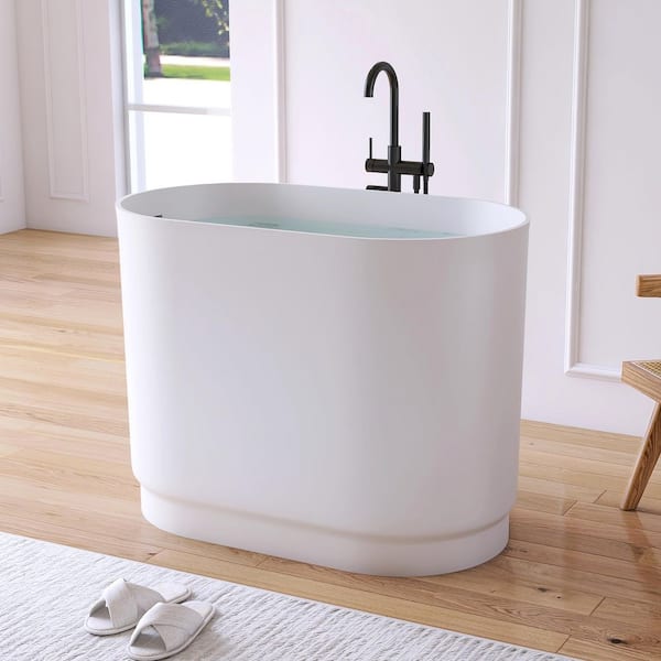 39 in. x 23 in. Stone Resin Solid Surface Flatbottom Freestanding Japanese Soaking Bathtub in White with Seat