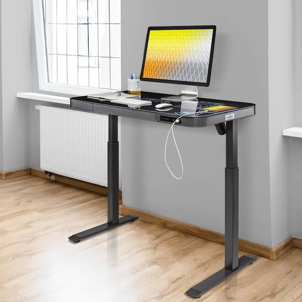 Seville Classics AirLIFT 47.5 in. Gray 1-Drawer Tempered Glass Height Adjustable Electric Standing Desk with Dual USB Charging Ports