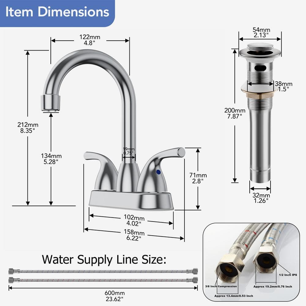 Chrome High Arc Double Handle Bathroom Faucet with Pop-Up Drain