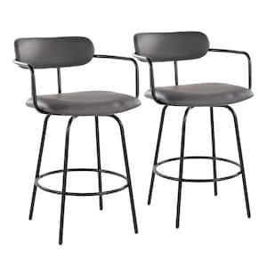 Demi 37.75 in. Grey Faux Leather and Black Metal Fixed Counter Height Bar Stool with Round Footrest (Set of 2)