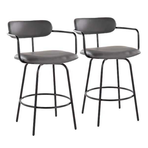 Lumisource Demi 37.75 in. Grey Faux Leather and Black Metal Fixed Counter Height Bar Stool with Round Footrest (Set of 2)