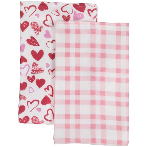 White Plaid and Hearts Valentine's Day Polyester Kitchen Tea Towels - 26 in. - Pink and Red - Set of 2