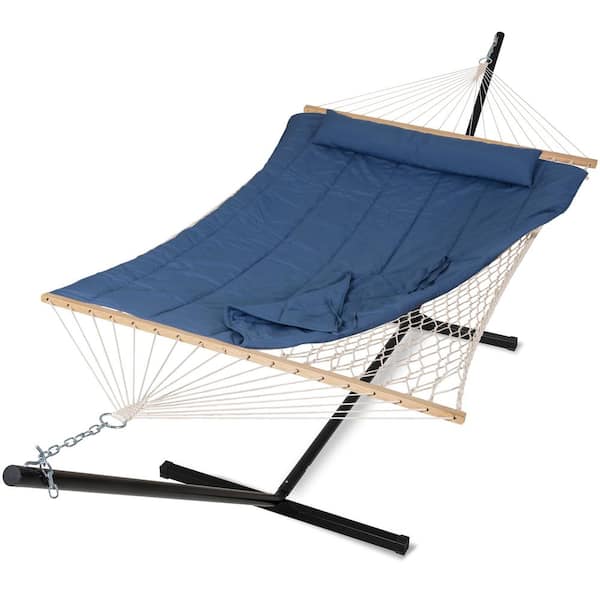 Atesun 10 ft. x 12 ft. Quilted Rope Hammock and 12 ft. Steel Hammock Stand with Detachable Pillow, Navy