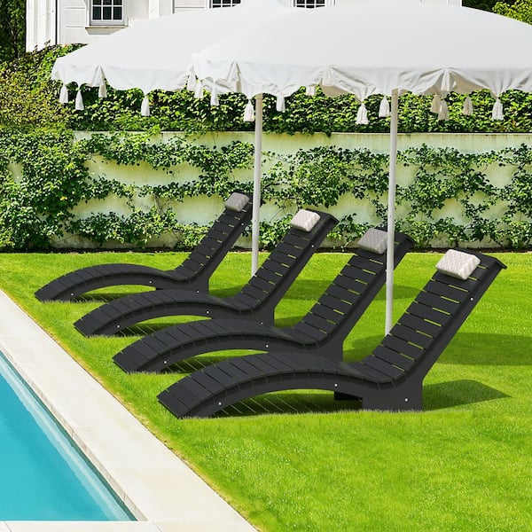 Sasha Black HDPS Plastic Patio Lounge Chair Waterproof Fade-Resistant Outdoor Chaise Lounge with Headrest Set of 4