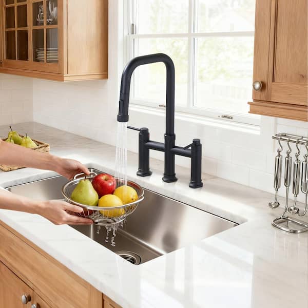 Brass Double Handle Deck Mounted Bridge Kitchen Faucet with Pull-Down Spray Head in Matte Black