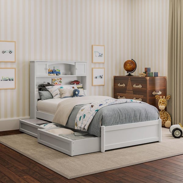 AFI Hadley White Solid Wood Frame Twin Platform Bed with Panel Footboard and Storage Drawers