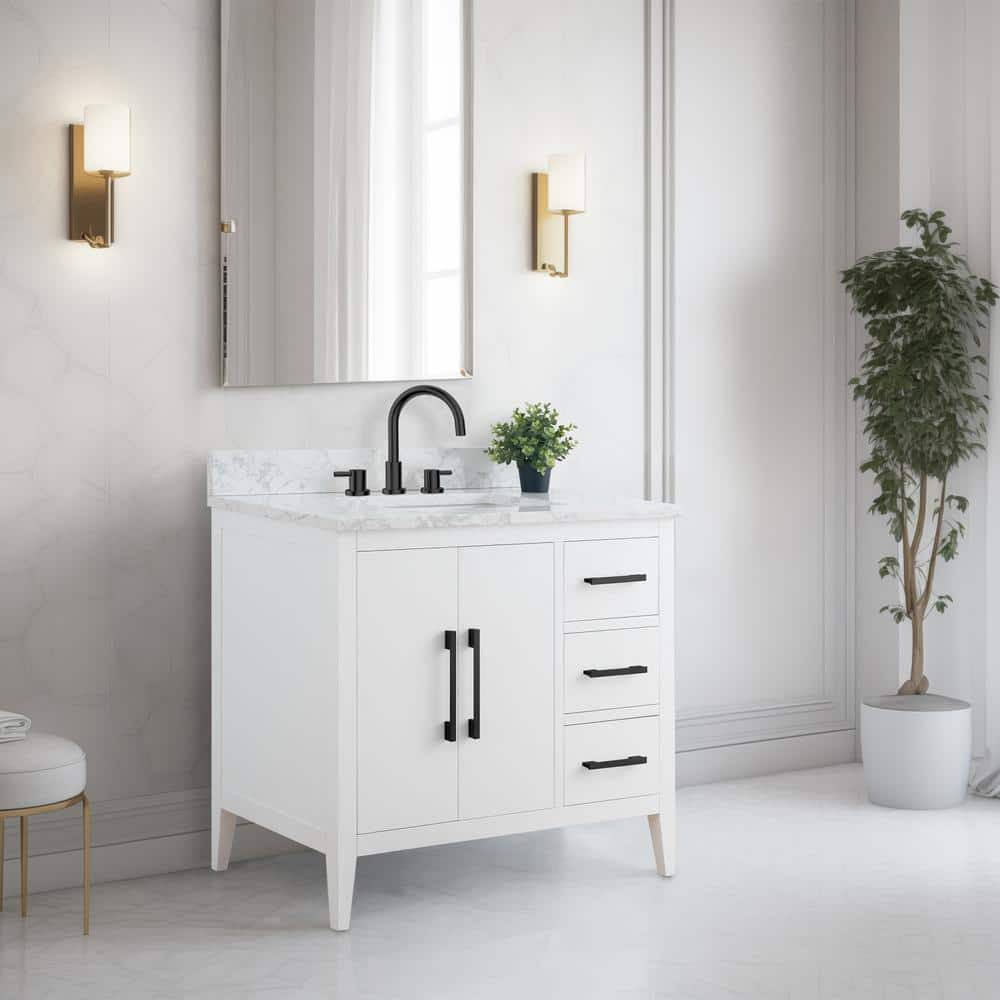 White Poplar Wood Single Sink Bathroom Vanity with Marble Top