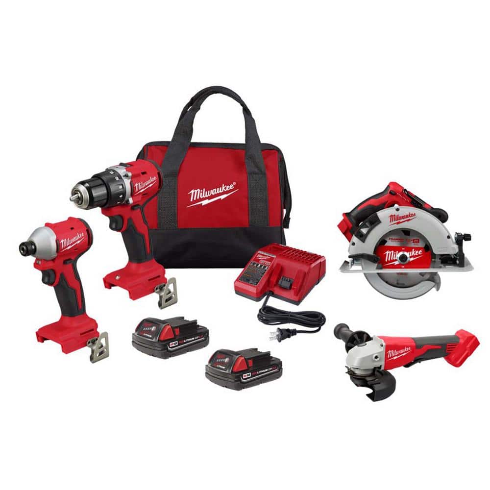 Milwaukee M18 18V Lithium-Ion Brushless Cordless Compact Drill/Impact Combo Kit w/(2) 2.0Ah Batteries w/Grinder & Circular Saw -  3692-22CT-268