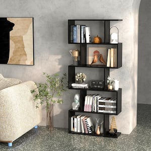 62.5 in. Tall Black Wood 5-Tier Bookshelf Geometric S-Shaped Bookcase Room Divider Storage Display Shelf