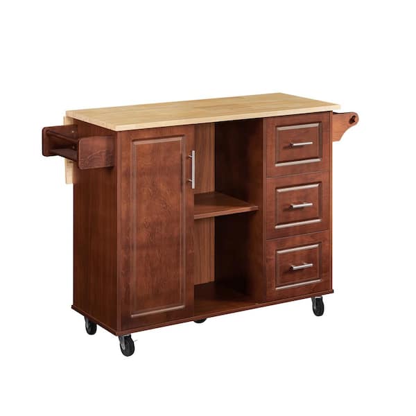 Tileon Brown Wood 53.78 in. Kitchen Island with Drawers Mobile Kitchen Cart