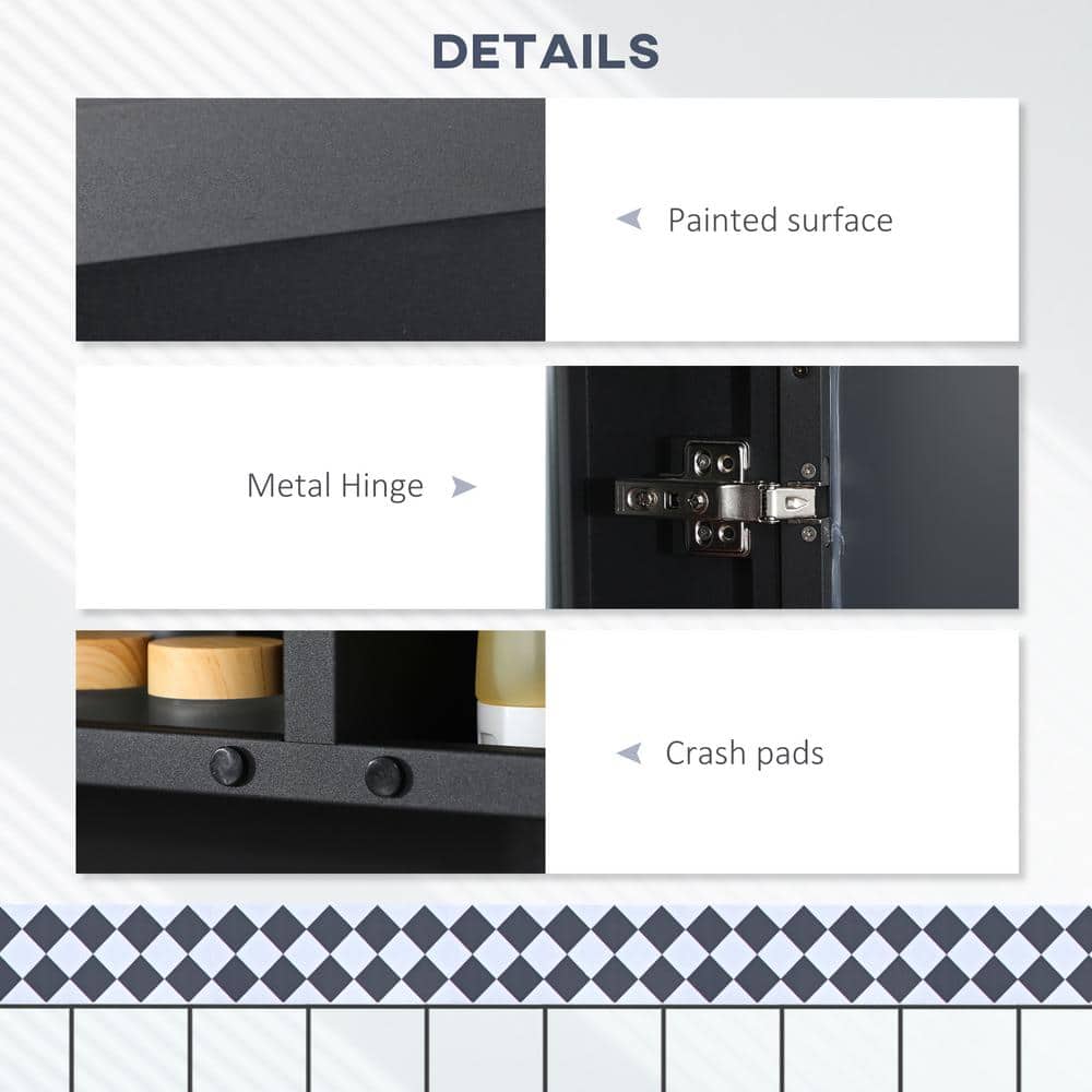 Black Wall-Mounted Medicine Cabinet with Double Mirror Doors and Storage Shelves