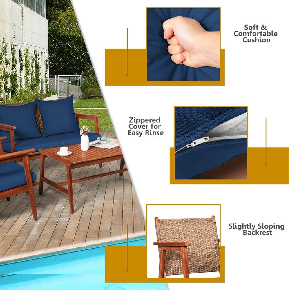 Navy Acacia Wood and Rattan 4-Piece Outdoor Patio Set