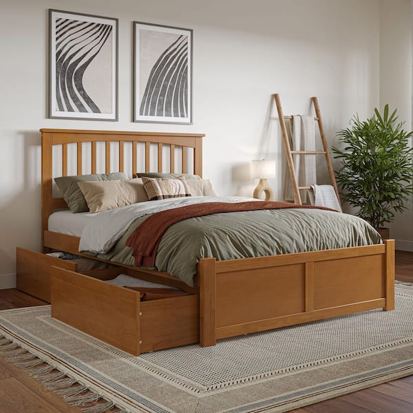 AFI Mission Light Toffee Natural Bronze Solid Wood Frame Full Platform Bed with Footboard and Storage Drawers
