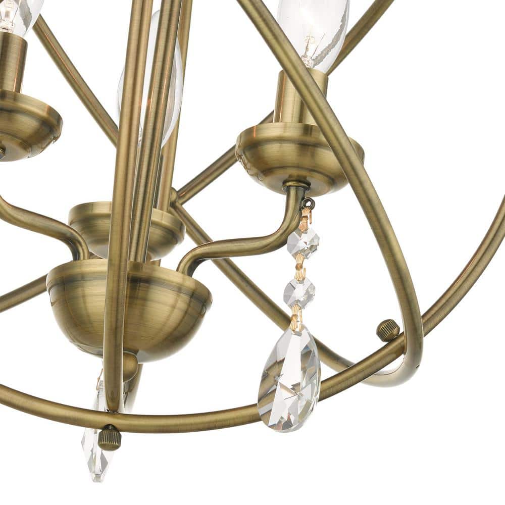 Antique Brass Mini 3-Light Chandelier with Teardrop Crystals
