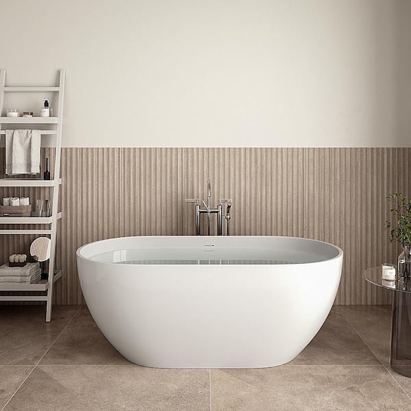 59 in. x 28 in. NS7040CH Stone Resin Freestanding Soaking Bathtub in Matte White with Polished Chrome Drain Bamboo Tray