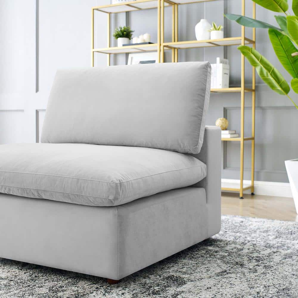 Plush Light Gray Velvet Armless Chair with Solid Wood Base