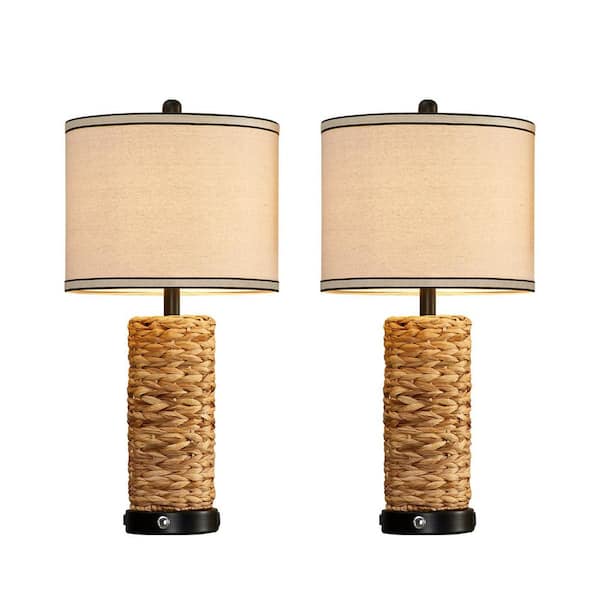 26 in. Rattan Table Lamp Set of 2,3 Way Dimmable Touch with 2-USB Ports and 1-AC Outlet for Bedroom Nightstand Table