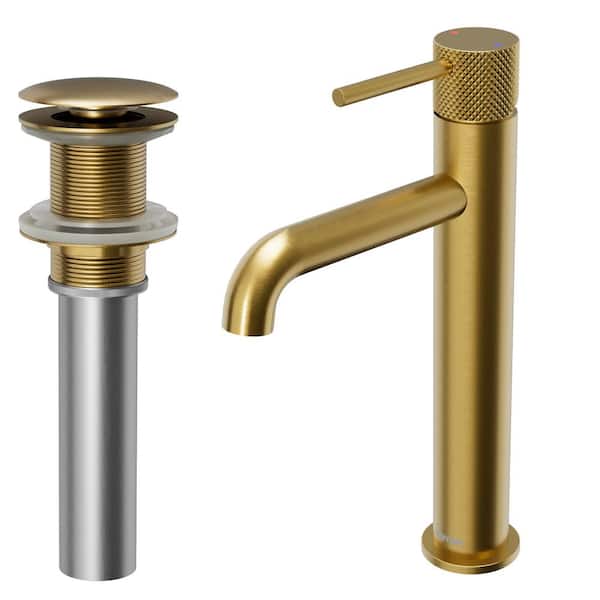 Karran Tryst Single-Handle Single-Hole Vessel Bathroom Faucet with Matching Pop-Up Drain in Brushed Gold