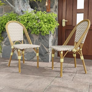 Outdoor French Wicker Aluminum Patio Armless Dining Chair in White and Brown (2-Pack)