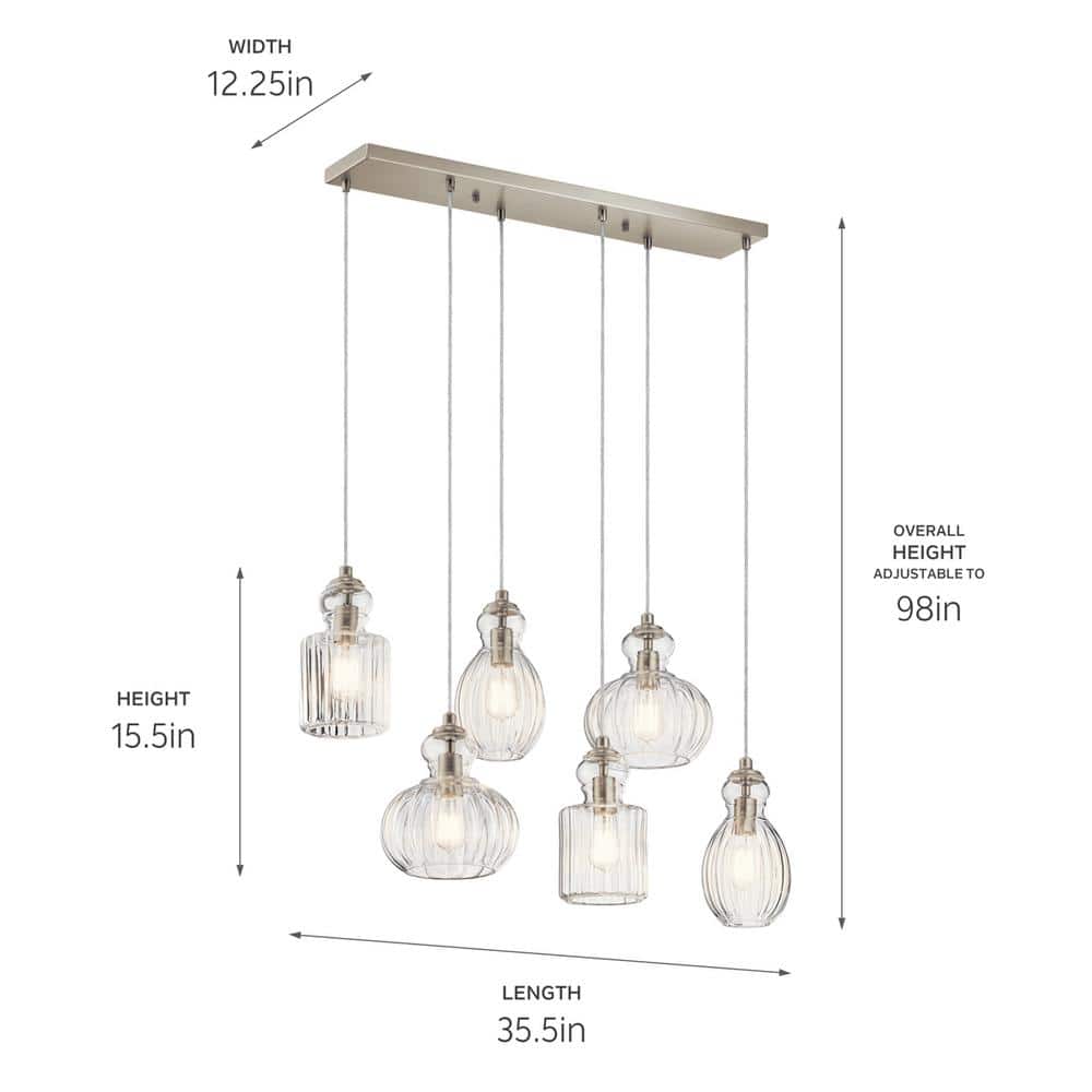 Brushed Nickel 6-Light Linear Chandelier with Clear Glass Shades