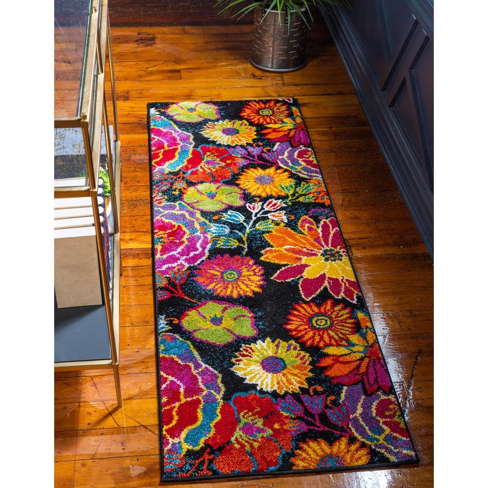 Lyon Kennedy Floral Black and Yellow 2' x 6' Synthetic Runner Rug
