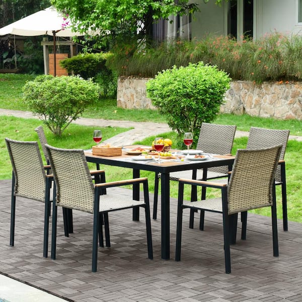 Gray 7-Piece Wicker Outdoor Dining Set with Acacia Wood Table Top and Umbrella Hole for Patio Garden Lawn Porch
