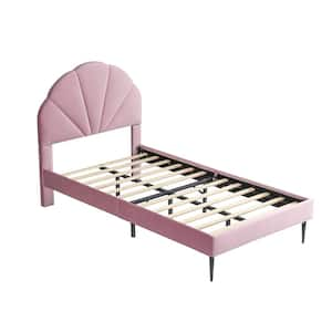 Pink Frame Twin Size of Luxury Velvet Platform Bed with Seashell-Shaped Headboard