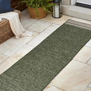 Alda Green/Cream 2 ft. x 8 ft. Modern Minimalist Mingled Solid Indoor/Outdoor Runner Rug