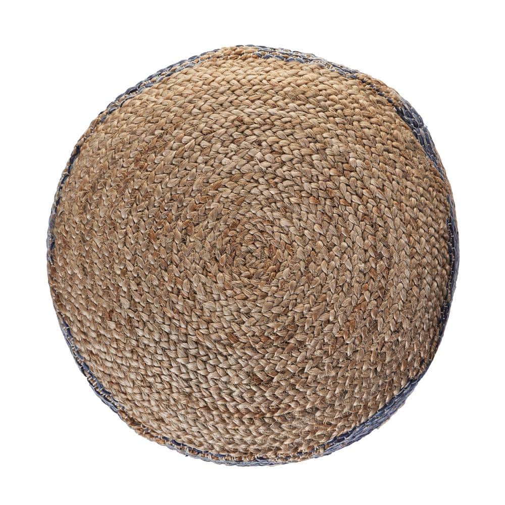 Natural Navy Jute Round Pouf with Geometric Pattern