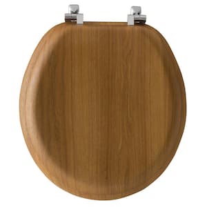 Round Closed Front Wood Toilet Seat in Natural Oak with Chrome Hinge