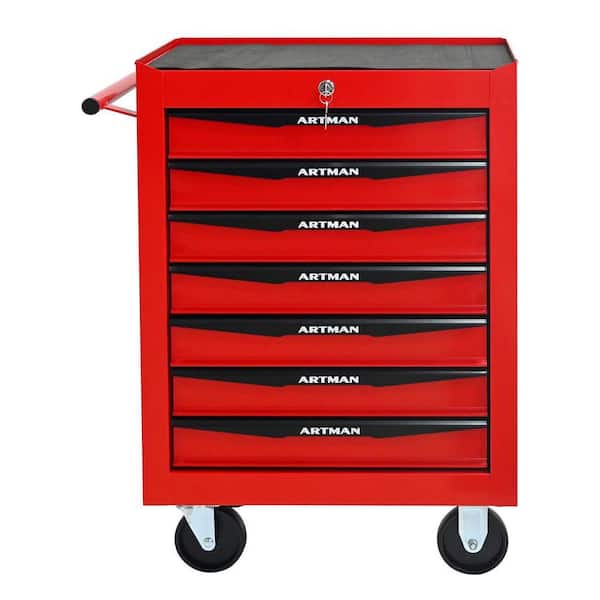13 in. W 7-Drawer Rolling Metal Black and Red Tool Carts with Ball Bearing Drawer Slides and Steel Tool Storage Box