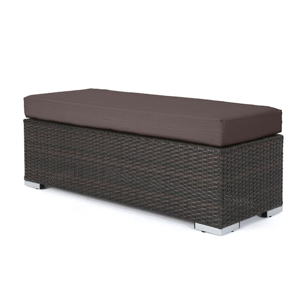 Nolan Multi-Brown Wicker Outdoor Patio Bench with Brown Cushion