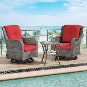 3-Piece Wicker Swivel Outdoor Rocking Chairs Patio Conversation Set with Red Cushions