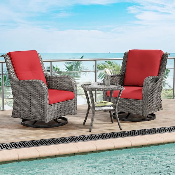 Gardenbee 3-Piece Wicker Swivel Outdoor Rocking Chairs Patio Conversation Set with Red Cushions