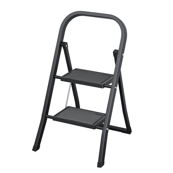 maocao hoom 2.5 ft. Reach Metal 2-Step Black Ladder Folding Step Stool, 330 lbs. with Wide Anti-Slip Pedal